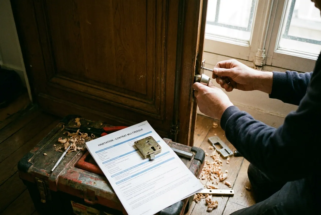 Contrat d'assurance habitation et serrure trois points sur une porte d'appartement parisien