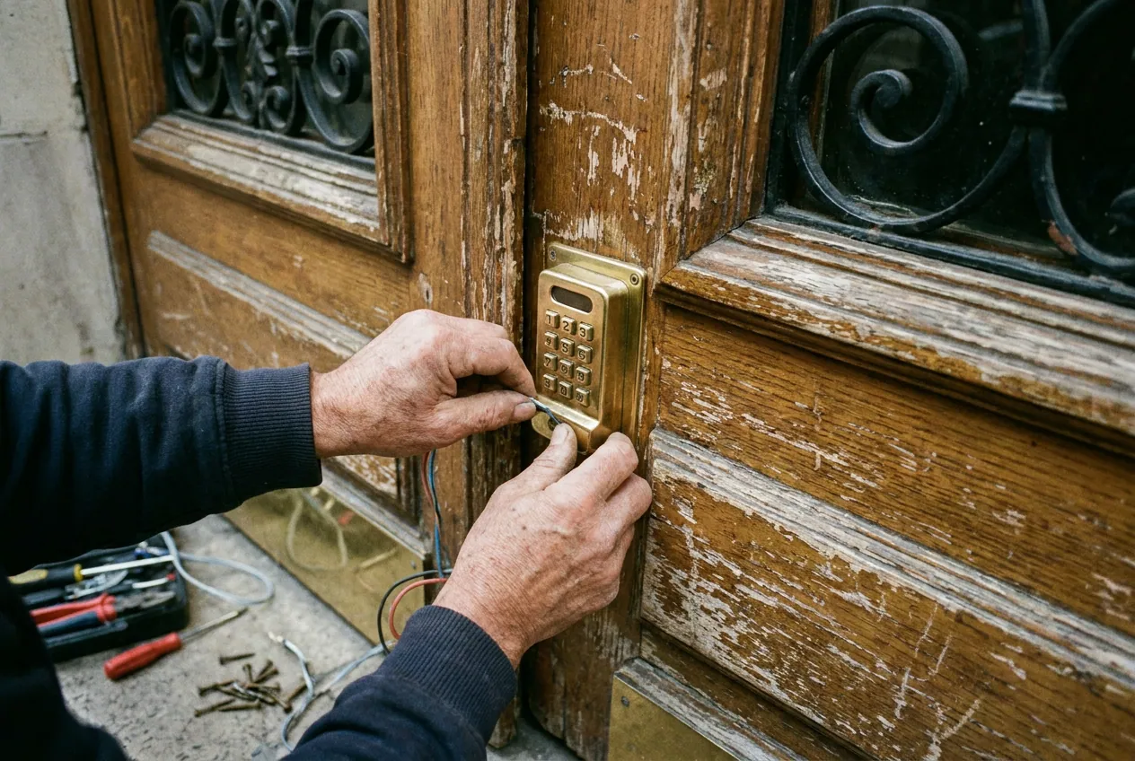 Porte d'entrée d'immeuble haussmannien avec digicode dans le quartier des Buttes-Chaumont à Paris 19e