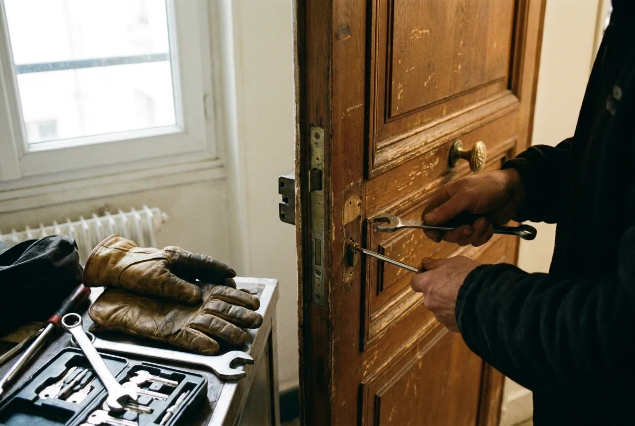 Serrure multipoint verrouillée en trois points sur une porte d'entrée d'appartement à Paris 19e