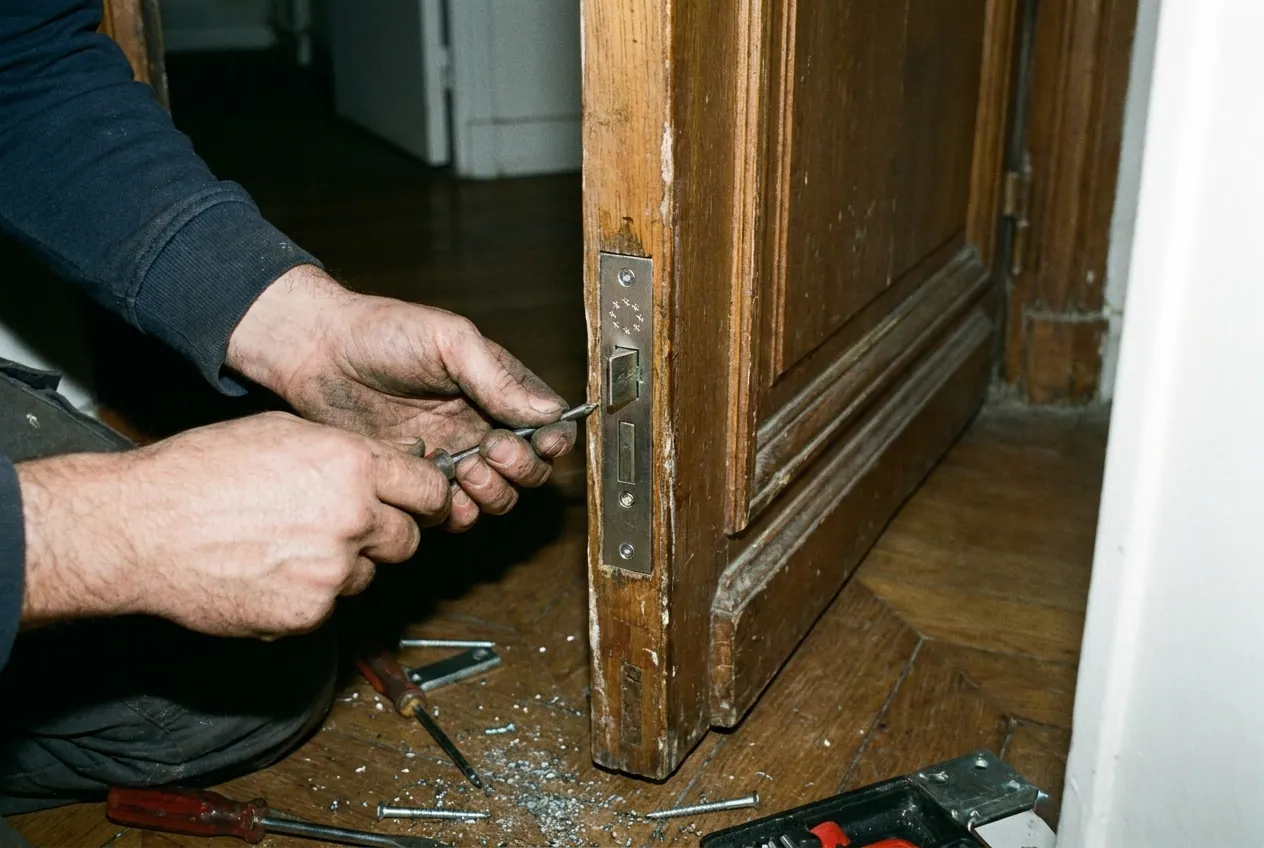 Serrure de sûreté certifiée A2P avec ses étoiles gravées, posée sur une porte d'appartement à Paris 19e